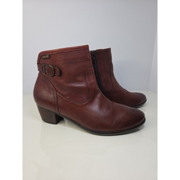 Mephisto Congac Brown Ankle Boots Sz 9 Leather Classic Side Zip Low Heel Buckle - Picture 3 of 12